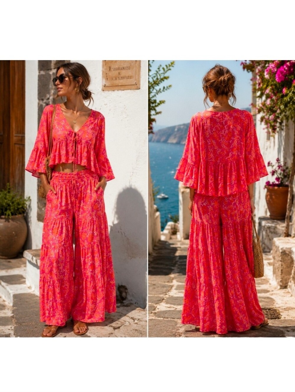 BSB Jeans Pink-Orange Floral Two Piece Wide Leg Pants and Blouse Set Size Small